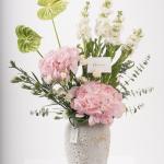White Textured Ceramic Vase with Pink Hydrangeas & Luxe Florals