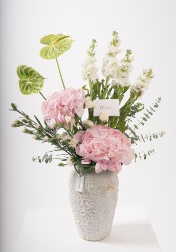 White Textured Ceramic Vase with Pink Hydrangeas & Luxe Florals